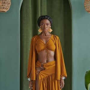 Chic Mustard Maxi Dress with Cut-Out Design